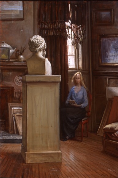 Jennifer drawing Homer; oil on canvas; 60\"x40\"